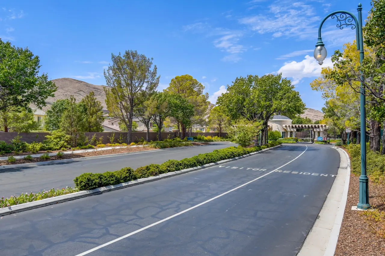 Tree-lined street with lamp posts inside the gates